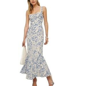 Reformation Irisa Larkspur Dress Blue Floral Ruffle Midi Dress Size 0